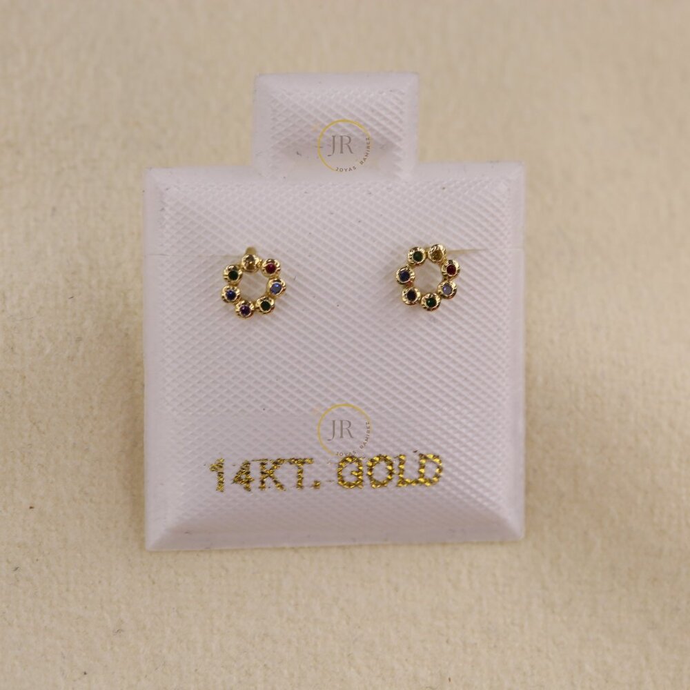 14K Solid Gold Circle Stud Earrings with Multicolor CZ · 4mm Dainty Design.